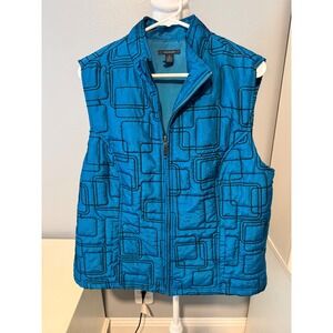 Westbound Womens XL Teal Blue Quilted Vest Black Geometric Embroidered Full Zip